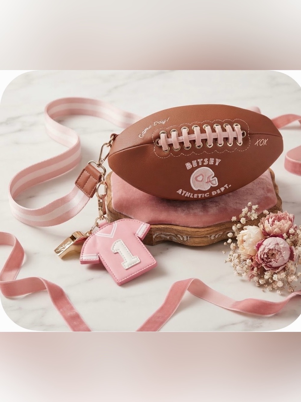 Betsey Johnson XOTOSS 2 BRN MULTI BM30820 Football Crossbody Bag NWT